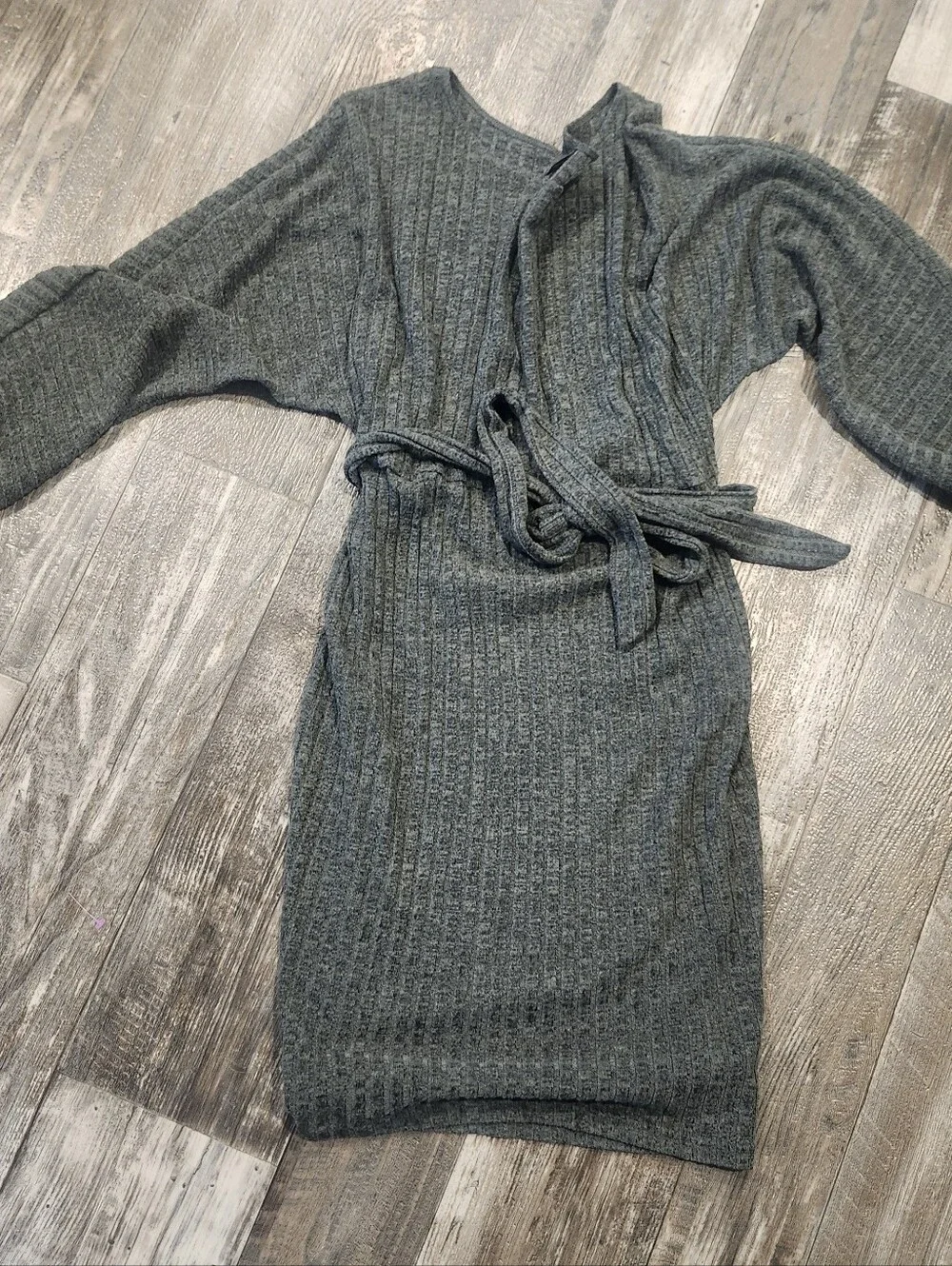 SHEIN Heathered Green Ribbed Knit Wrap Sweater Dress | Balloon Sleeve Tie Waist